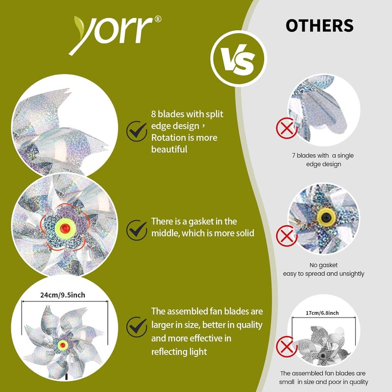 yorr 10Pack Pinwheels for Yard and Garden, Reflective Pinwheels to Scare Birds Away, Sparkly Sliver Pin Wheels with Bird Scare Tape for Outside (Pack of 10) - Image 3